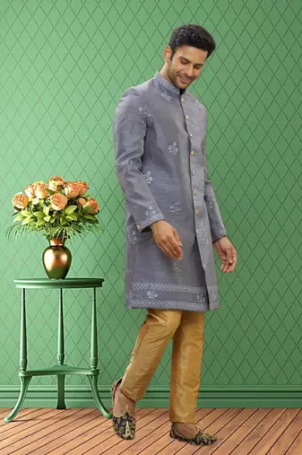 Men's grey embroidered sherwani