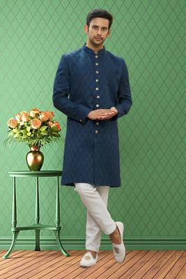 Men's turquoise woven sherwani 1