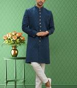 Men's turquoise woven sherwani