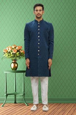 Men's turquoise woven sherwani 2