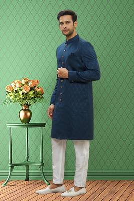 Men's turquoise woven sherwani 3