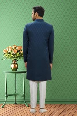 Men's turquoise woven sherwani 4