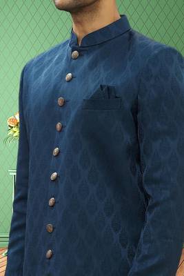 Men's turquoise woven sherwani 5