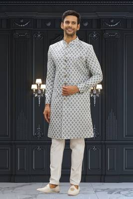 Men's cream woven sherwani 1