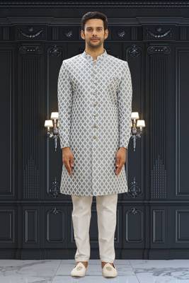 Men's cream woven sherwani 2