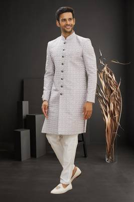 Men's cream woven sherwani 1
