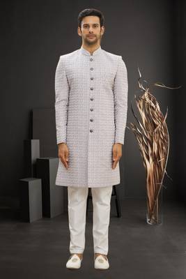 Men's cream woven sherwani 2