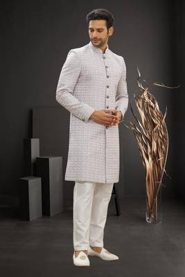 Men's cream woven sherwani 3