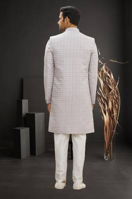 Men's cream woven sherwani 4