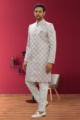 Men's cream woven sherwani 1