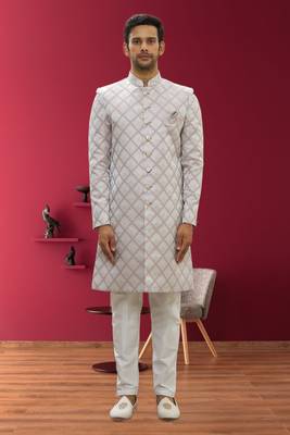 Men's cream woven sherwani 2