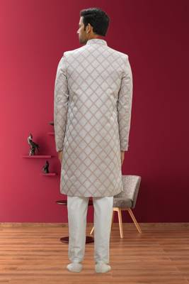 Men's cream woven sherwani 4