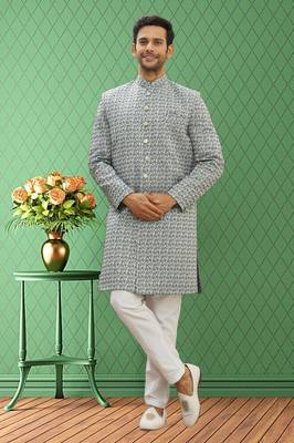 Men's cream printed sherwani 1