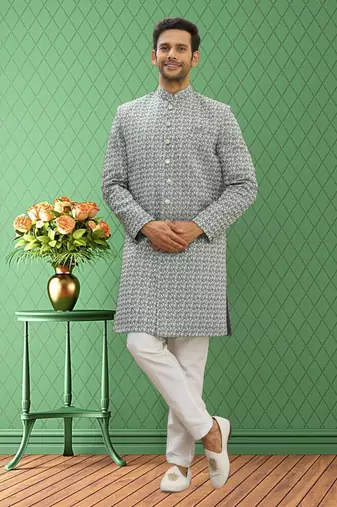 Men's cream printed sherwani