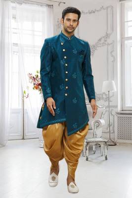 Men's turquoise embrodered indo western sherwani 1