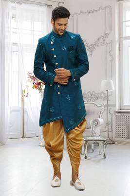 Men's turquoise embrodered indo western sherwani 3
