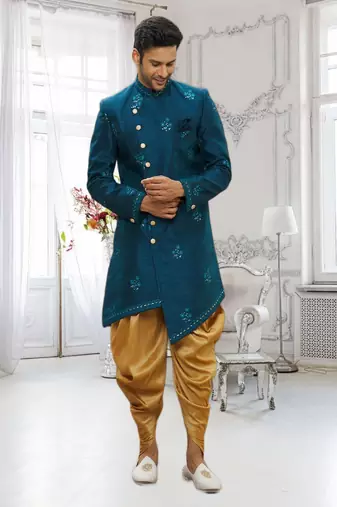 Men's turquoise embrodered indo western sherwani