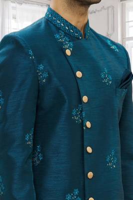 Men's turquoise embrodered indo western sherwani 5