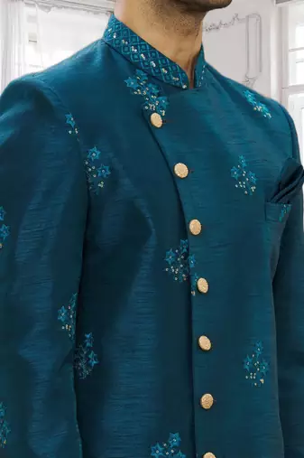 Men's turquoise embrodered indo western sherwani