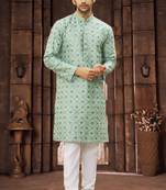 Men's light green embroidered kurta pajama