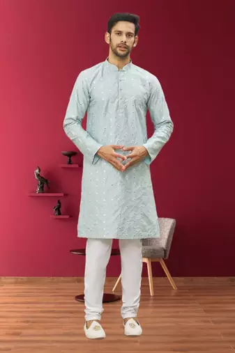 Men's sky blue embroidered kurta pajama