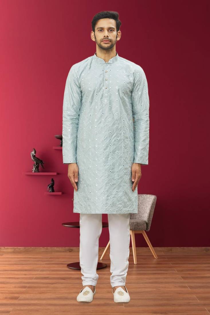 Men's sky blue embroidered kurta pajama