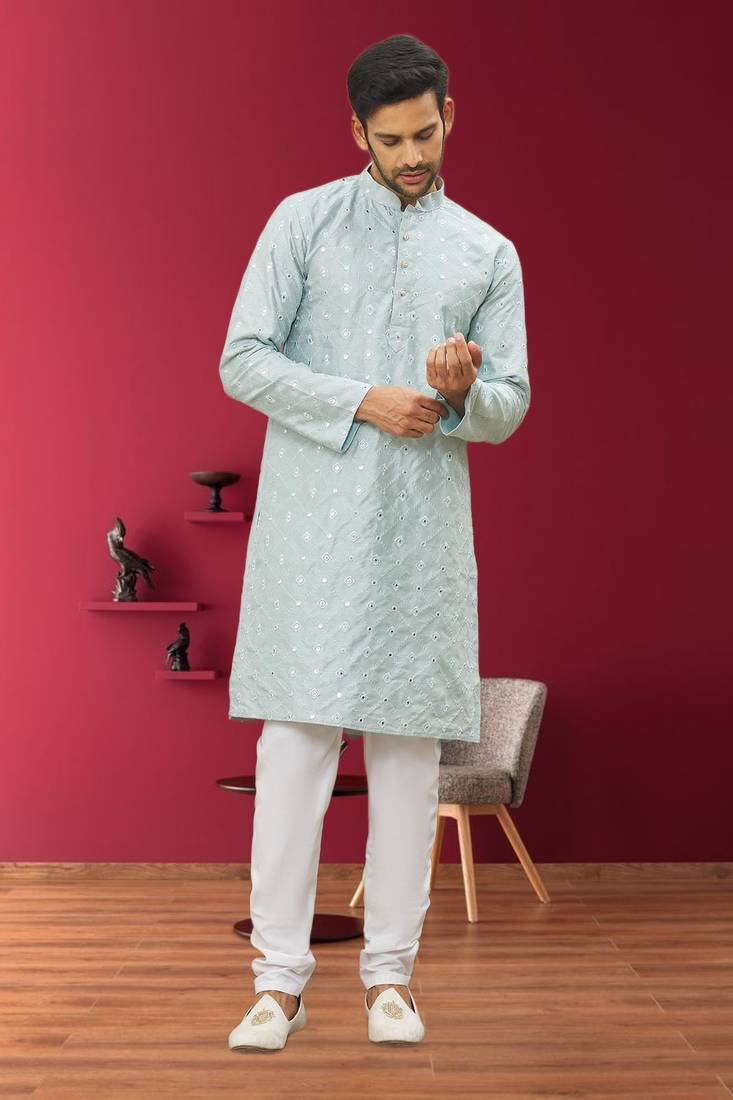 Men's sky blue embroidered kurta pajama