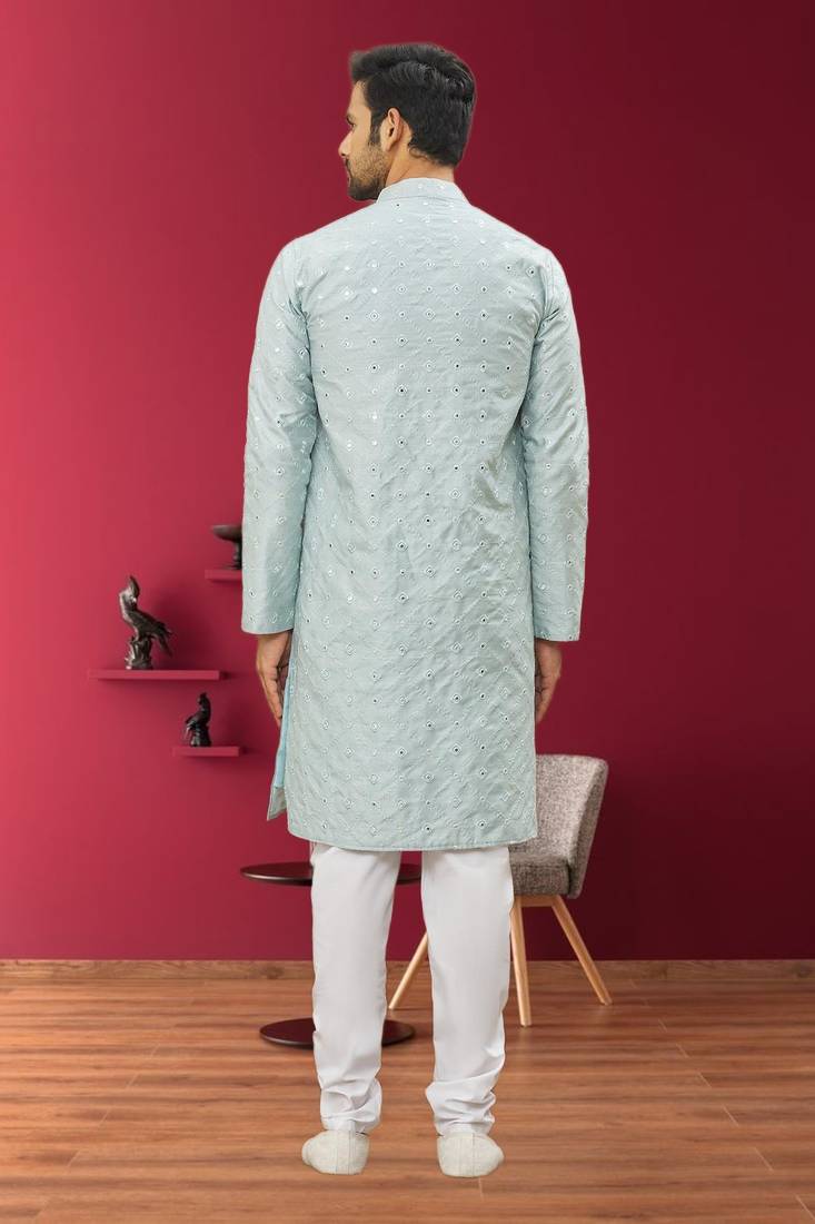 Men's sky blue embroidered kurta pajama