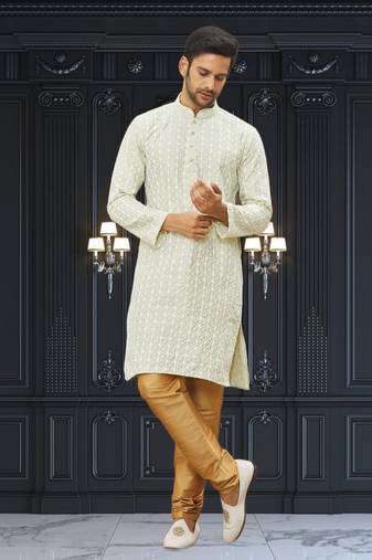 Men's light green embroidered kurta pajama