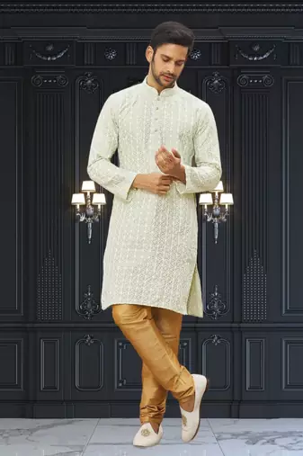 Men's light green embroidered kurta pajama