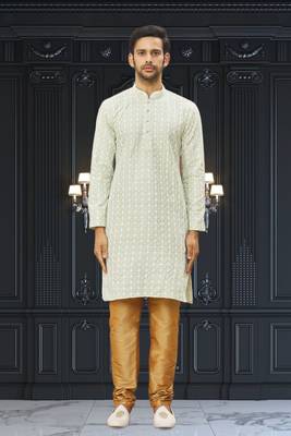 Men's light green embroidered kurta pajama 2