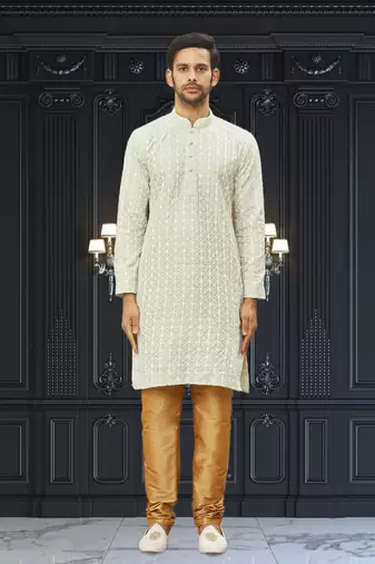 Men's light green embroidered kurta pajama