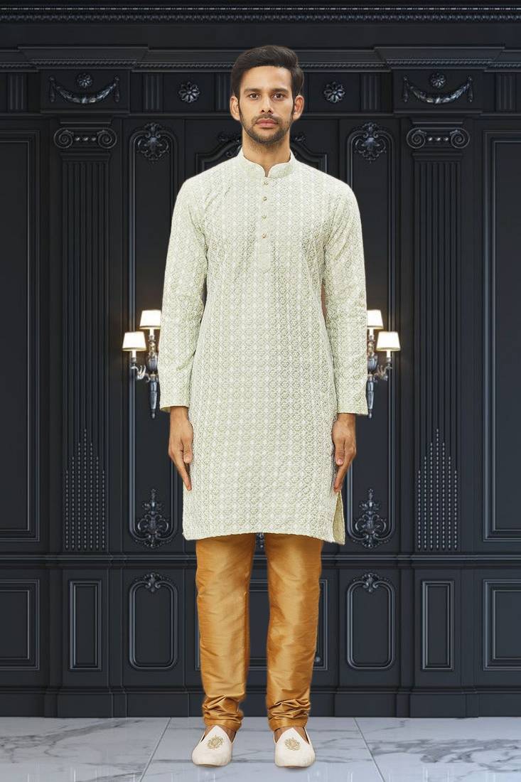 Men's light green embroidered kurta pajama