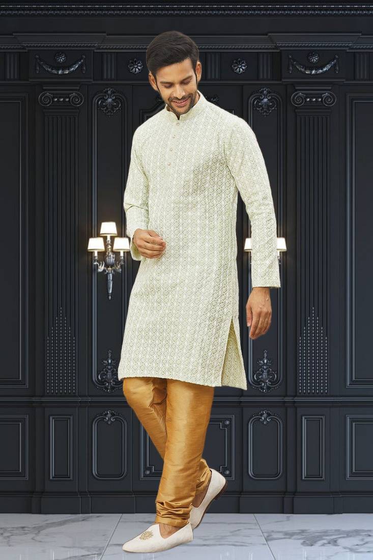 Men's light green embroidered kurta pajama