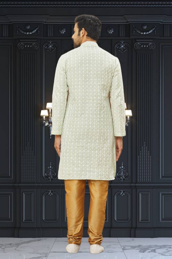 Men's light green embroidered kurta pajama