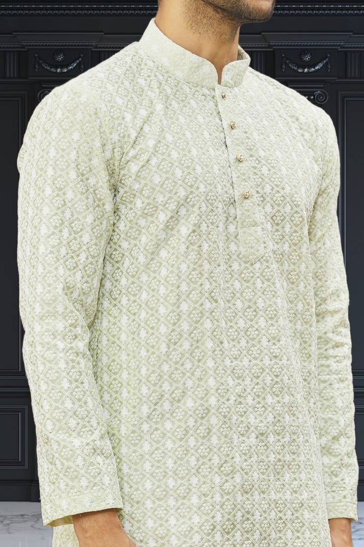Men's light green embroidered kurta pajama