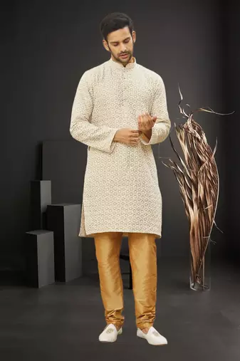 Men's light yellow embroidered kurta pajama