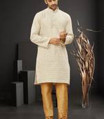 Men's light yellow embroidered kurta pajama