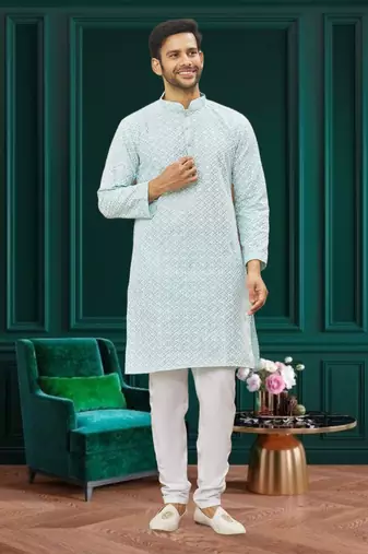 Men's light blue embroidered kurta pajama