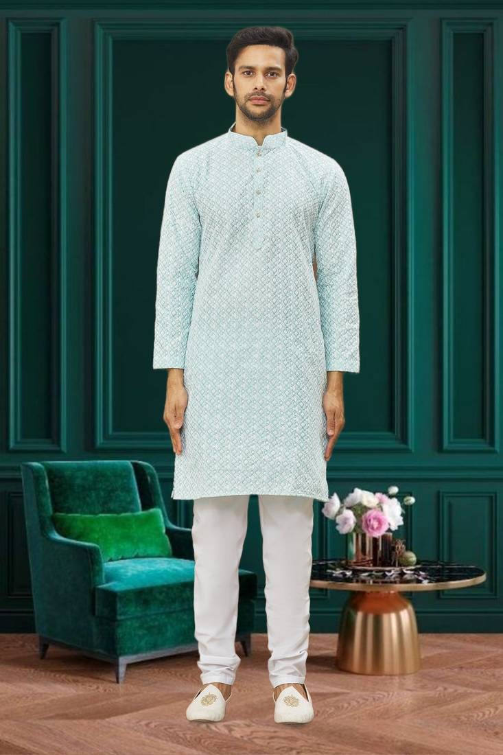 Men's light blue embroidered kurta pajama