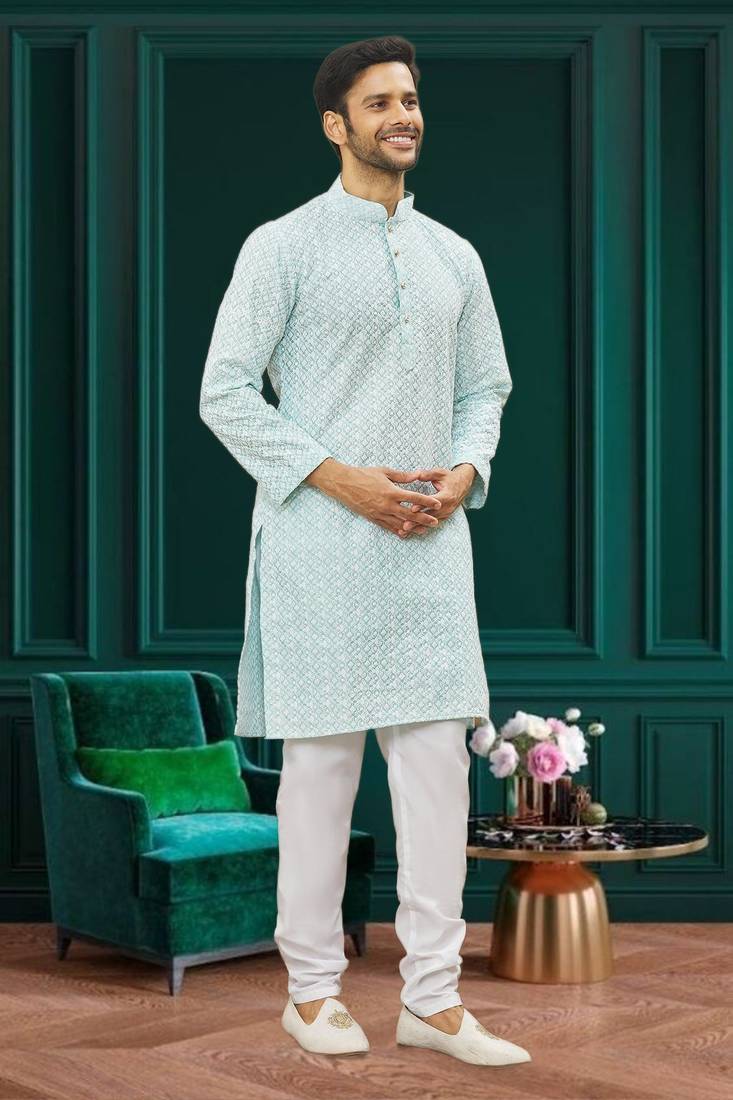 Men's light blue embroidered kurta pajama