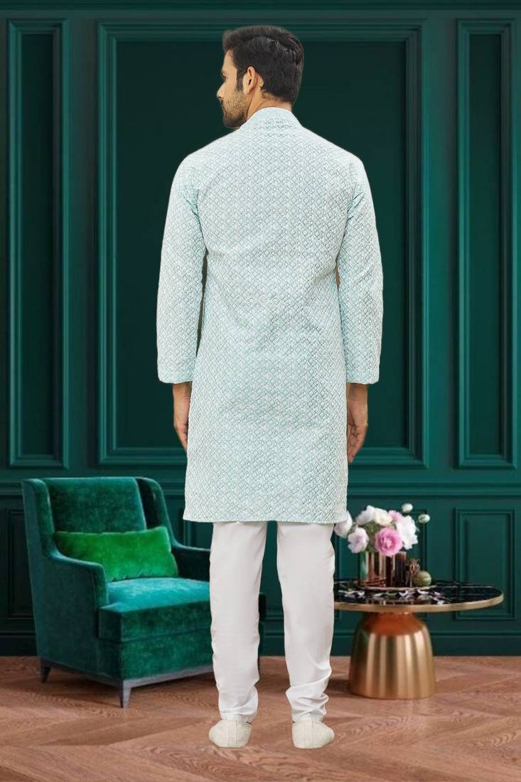 Men's light blue embroidered kurta pajama