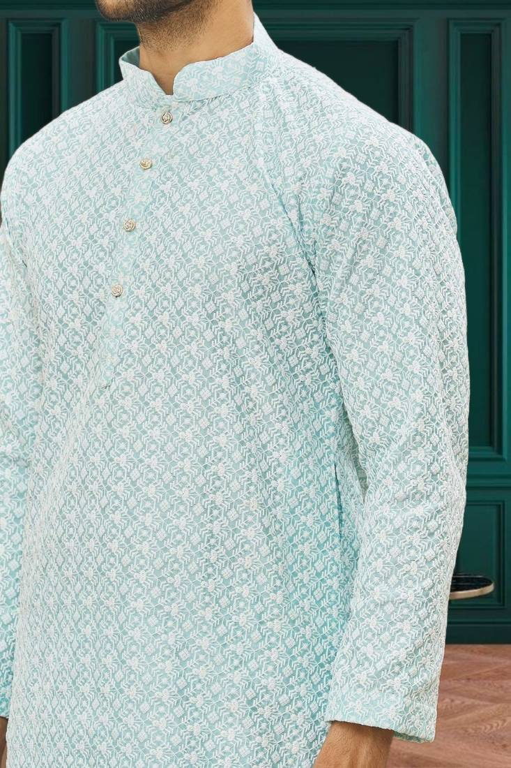 Men's light blue embroidered kurta pajama
