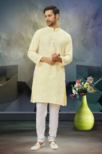 Men's light yellow embroidered kurta pajama