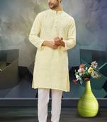 Men's light yellow embroidered kurta pajama