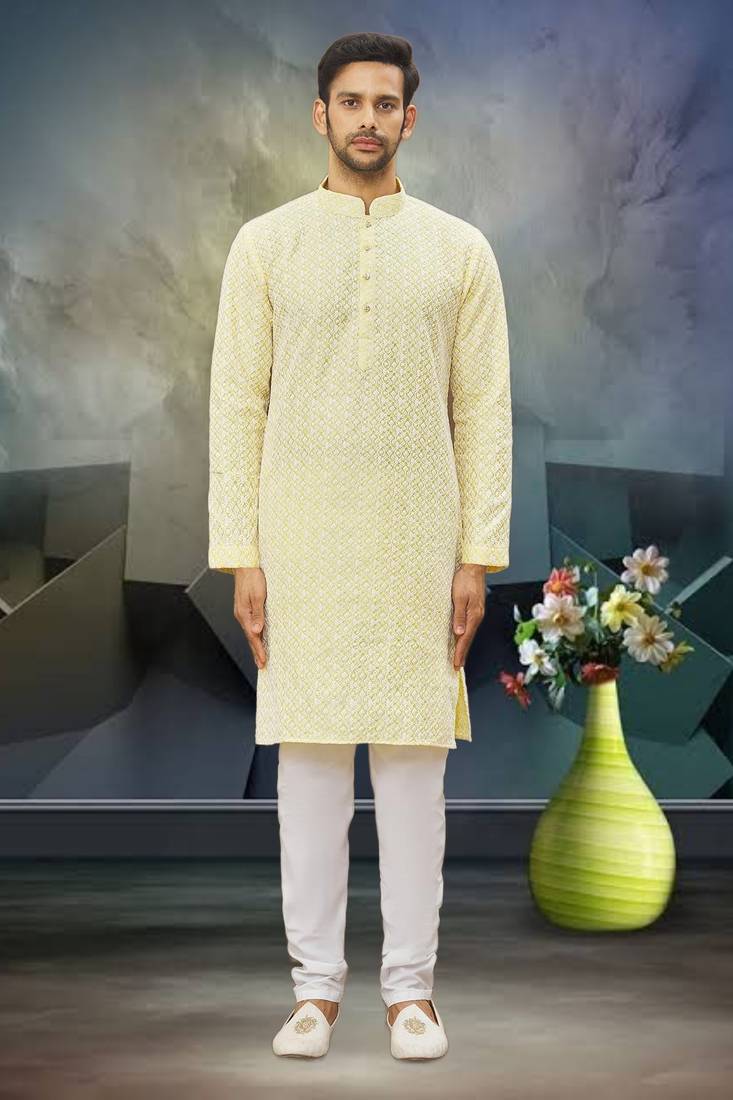 Men's light yellow embroidered kurta pajama