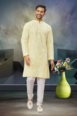 Men's light yellow embroidered kurta pajama 3