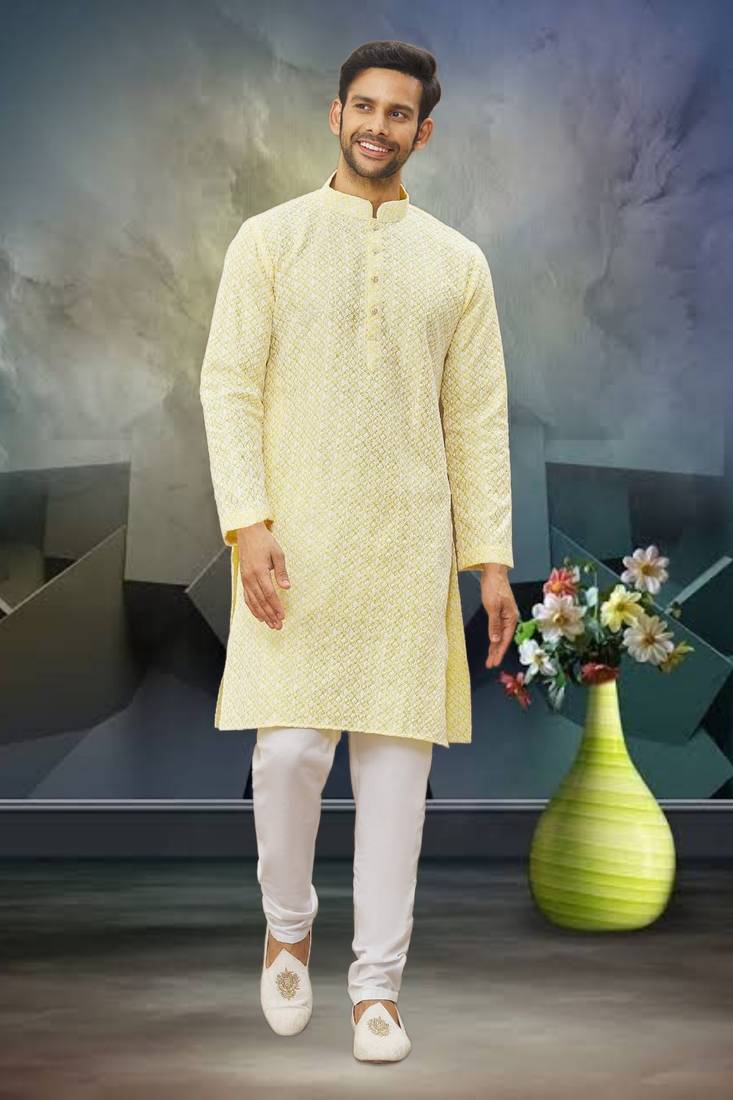 Men's light yellow embroidered kurta pajama