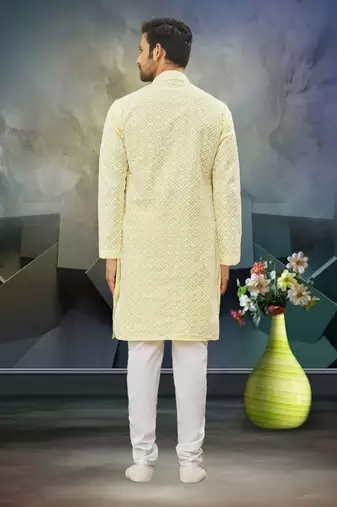 Men's light yellow embroidered kurta pajama
