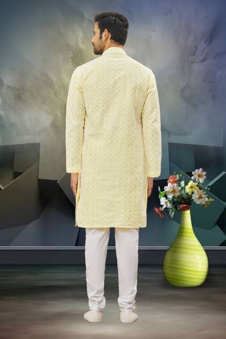 Men's light yellow embroidered kurta pajama